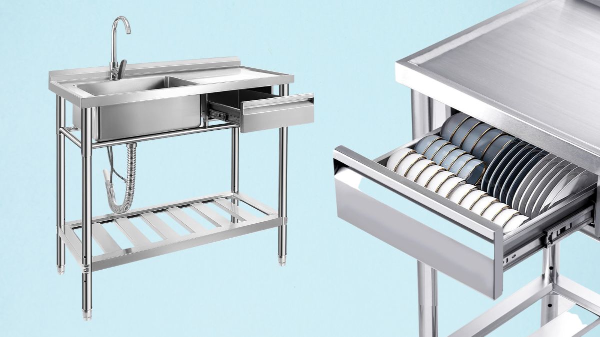 A stainless steel utility sink with a deep basin, storage shelf, and built-in drawer for organizing kitchen or workspace essentials.