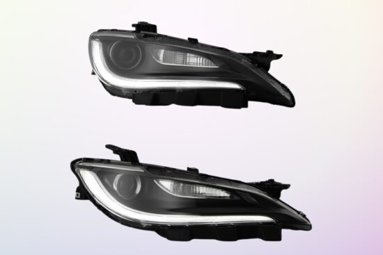 A pair of black LED car headlights with a sleek design and bright daytime running lights.
