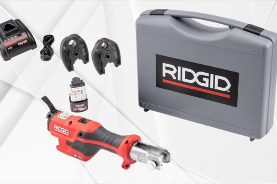 A RIDGID RP 115 Mini Press Tool kit with a compact press tool, two pressing jaws, a 12V battery, charger, and a carrying case.