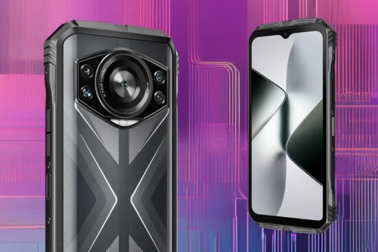 A rugged smartphone with a bold design, large camera module, and a modern screen, set against a tech-inspired background.