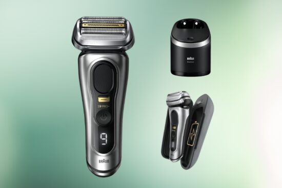 Braun Series 9 PRO+ 9577cc electric razor shown with SmartCare Center and PowerCase on a light green background.