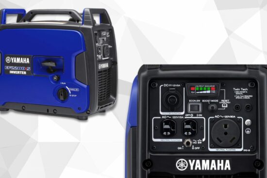 Side and front control panel view of the YAMAHA EF2200iS Inverter Generator showing its compact design and power outlets.