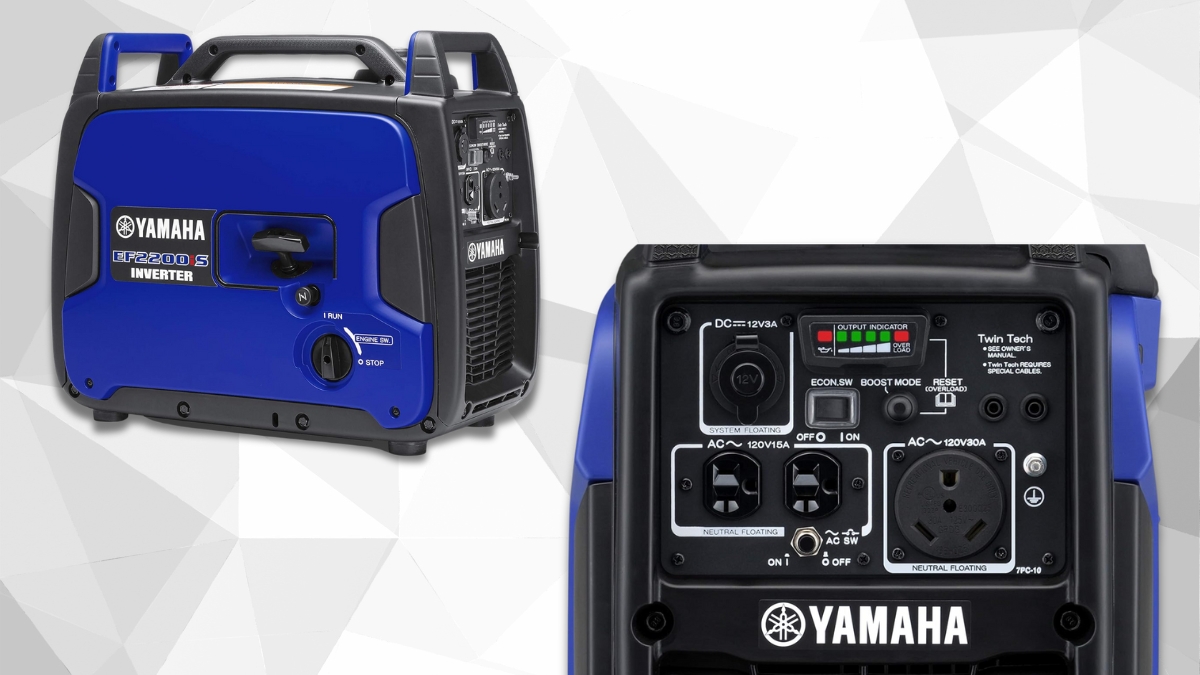 Side and front control panel view of the YAMAHA EF2200iS Inverter Generator showing its compact design and power outlets.