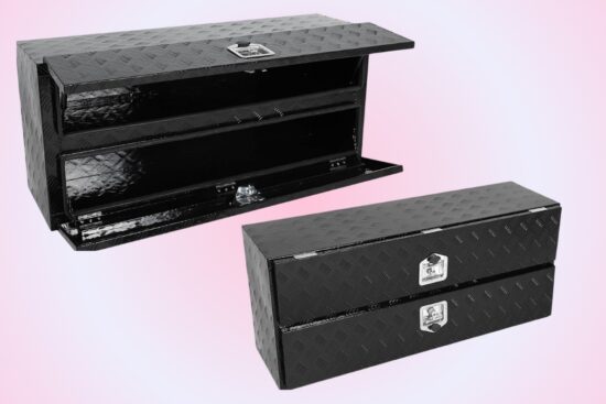 Black aluminum truck toolboxes with a diamond plate design, lockable latches, and spacious storage compartments.
