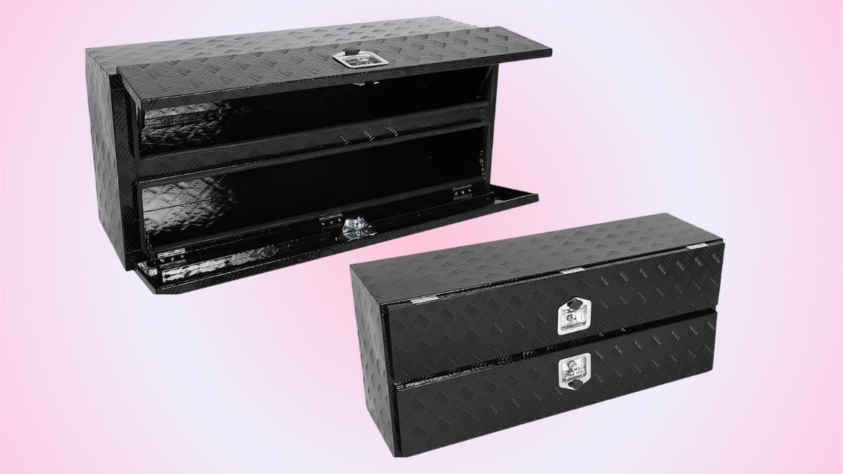 Black aluminum truck toolboxes with a diamond plate design, lockable latches, and spacious storage compartments.