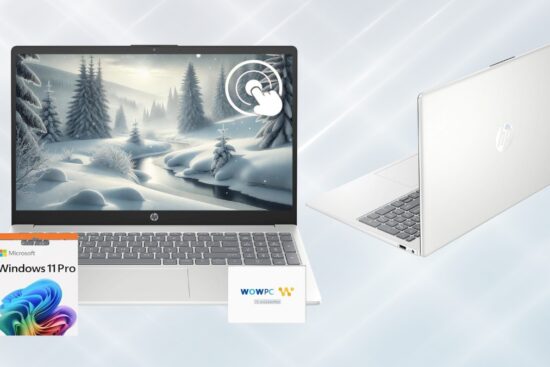 Silver HP 15.6" Touchscreen Laptop with Windows 11 Pro, a sleek design, and a high-resolution display, shown from both front and back angles.