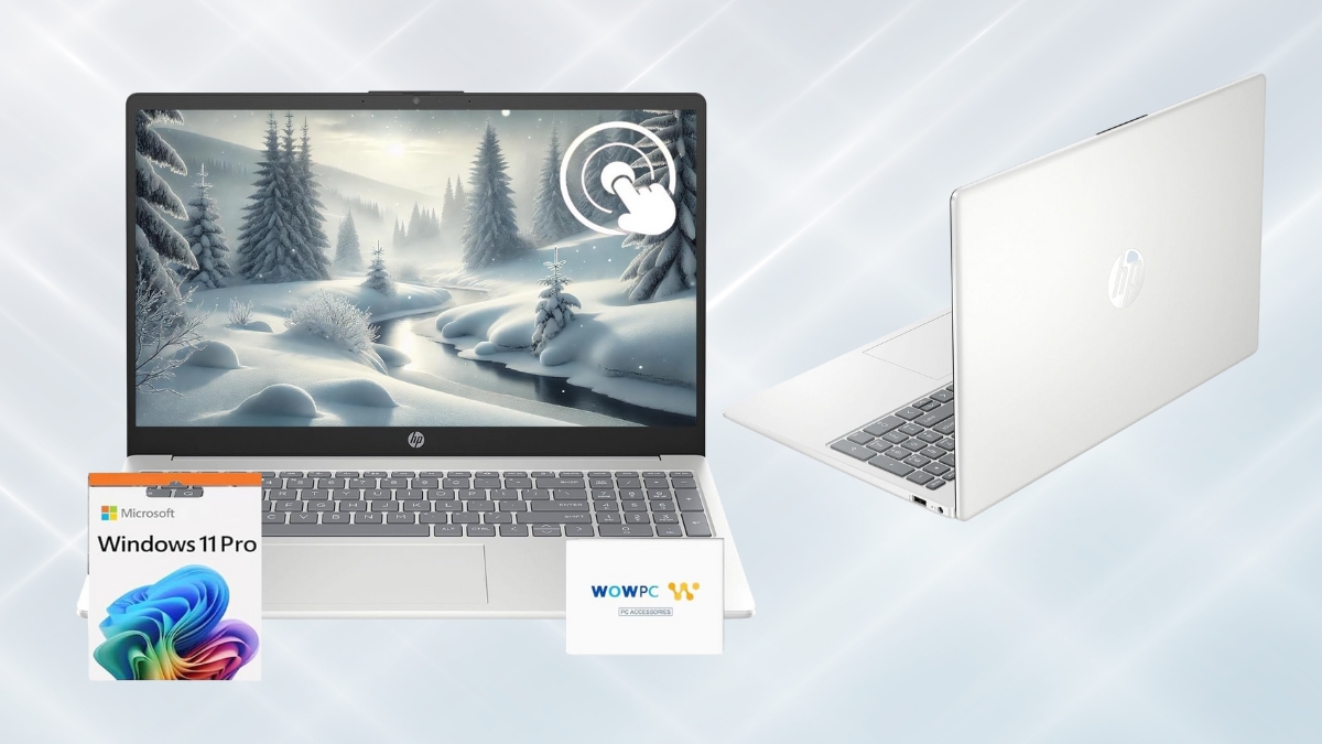 Silver HP 15.6" Touchscreen Laptop with Windows 11 Pro, a sleek design, and a high-resolution display, shown from both front and back angles.