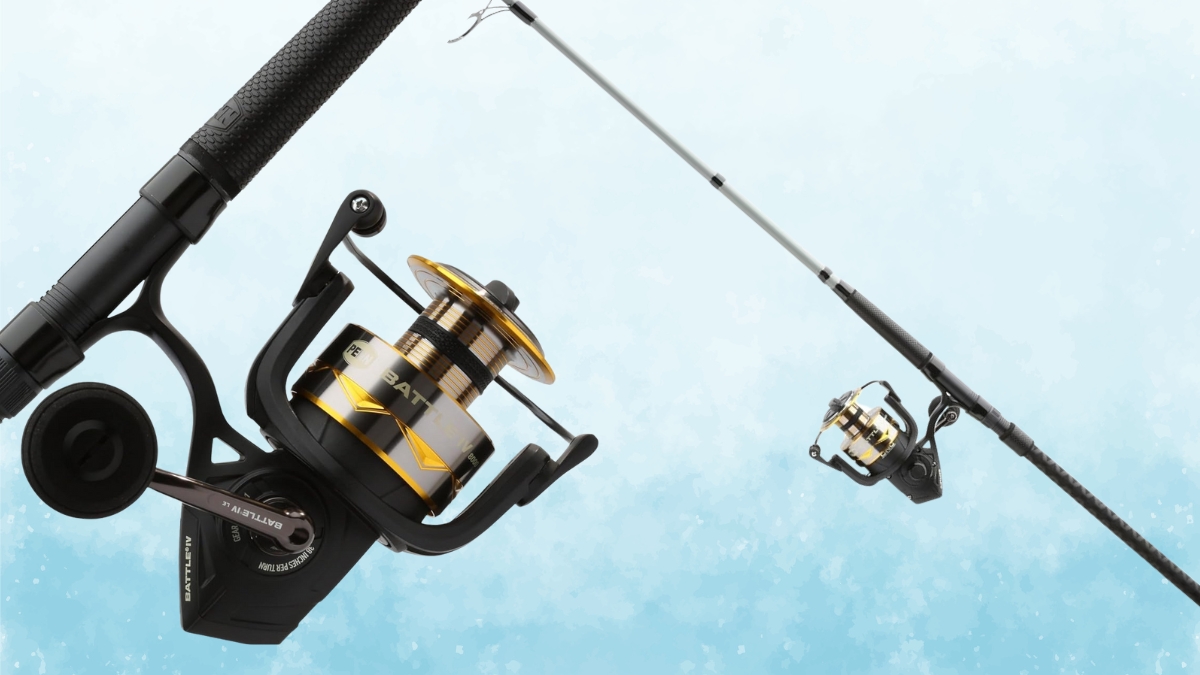 A spinning reel and rod combo with a black and gold design, featuring a strong handle and smooth spool, set against a light blue background.