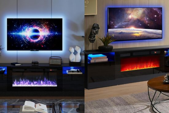 A modern fireplace TV stand with LED lights and a built-in electric fireplace, featuring a sleek black design, open shelves, and a mounted TV displaying a space-themed image.
