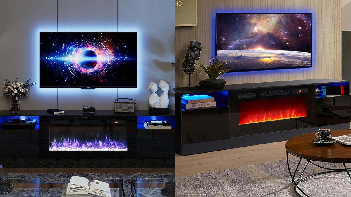 A modern fireplace TV stand with LED lights and a built-in electric fireplace, featuring a sleek black design, open shelves, and a mounted TV displaying a space-themed image.