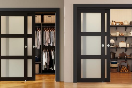 Black sliding doors with frosted glass reveal a closet on the left and a pantry on the right.