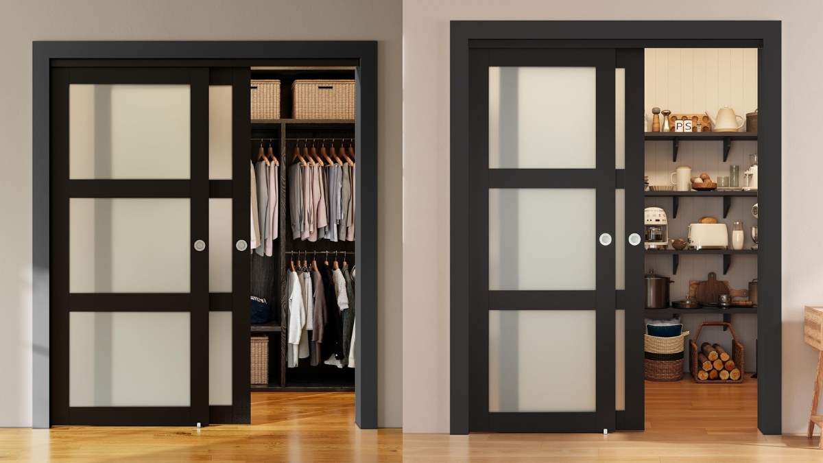 Black sliding doors with frosted glass reveal a closet on the left and a pantry on the right.