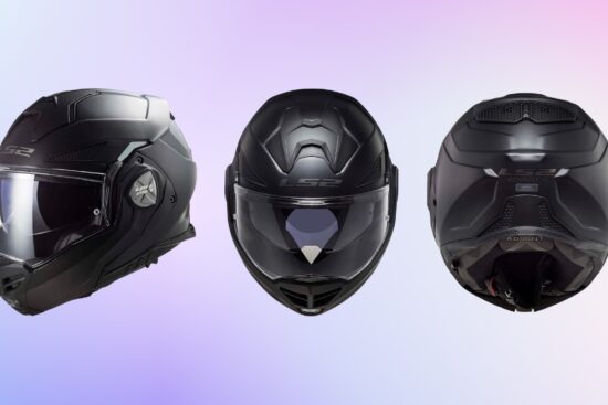 The LS2 Advant X Modular Helmet in matte black is shown from three angles, highlighting its sleek design, clear visor, and ventilation system.