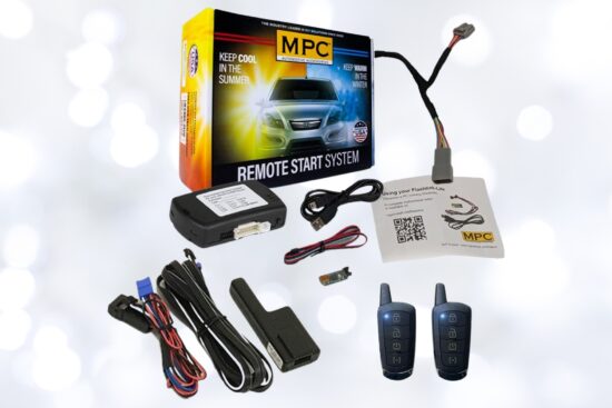 MPC remote start system kit with key fobs, wiring harness, control module, and installation guide for easy vehicle remote start setup.