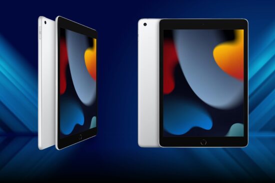 Apple iPad in silver, shown from different angles with its 10.2-inch Retina display, home button, and aluminum back against a blue gradient background.