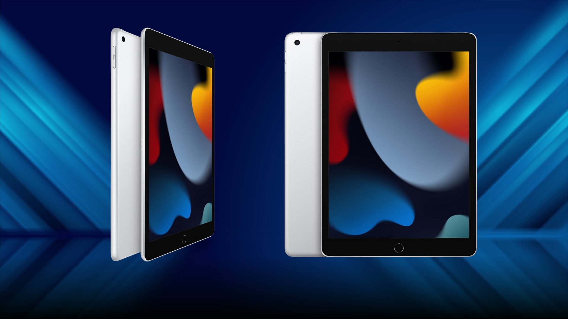 Apple iPad in silver, shown from different angles with its 10.2-inch Retina display, home button, and aluminum back against a blue gradient background.