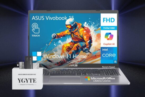 ASUS Vivobook 15 touchscreen laptop with Windows 11 Home, Intel Core i5, Full HD display, numeric keypad, and Microsoft Office lifetime license, shown with a curated accessory kit.