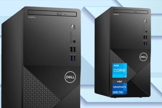Two Dell Vostro 3910 desktop computers are shown side by side, featuring a sleek black design with front USB ports and an Intel Core processor label on one unit.