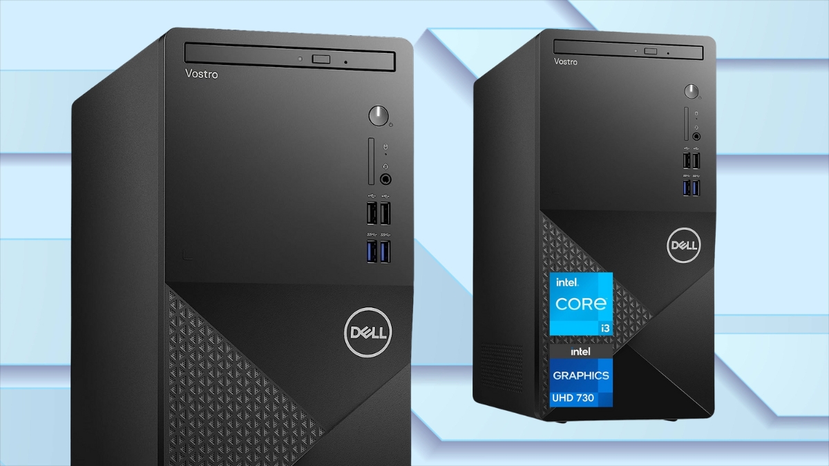Two Dell Vostro 3910 desktop computers are shown side by side, featuring a sleek black design with front USB ports and an Intel Core processor label on one unit.