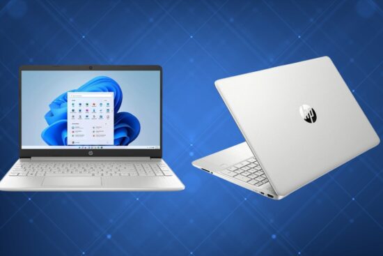 A silver HP laptop is shown from two angles, one open with Windows 11 on the screen and one closed, against a blue digital background.