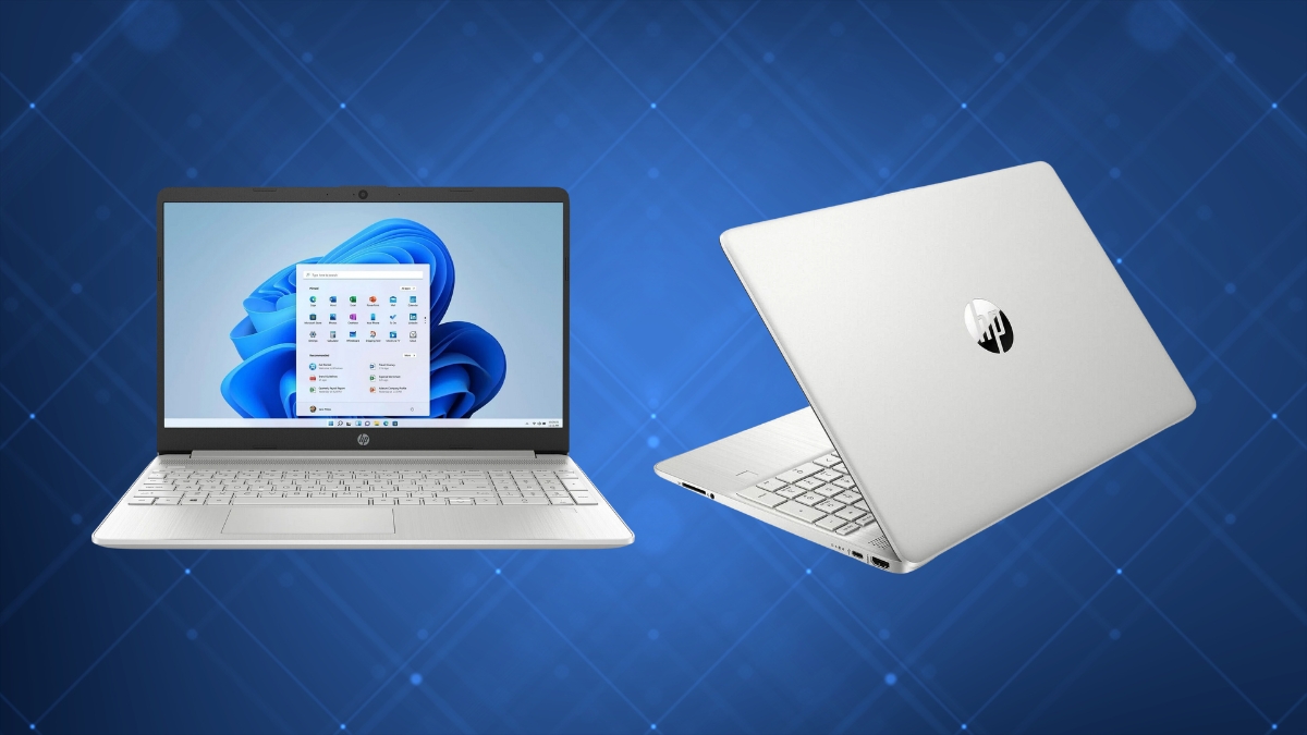 A silver HP laptop is shown from two angles, one open with Windows 11 on the screen and one closed, against a blue digital background.
