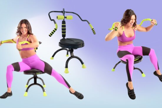A woman demonstrates exercises on the AB Doer 360 Abdominal Exercise Machine, showing its seated core workout features with resistance arms and a rotating seat.
