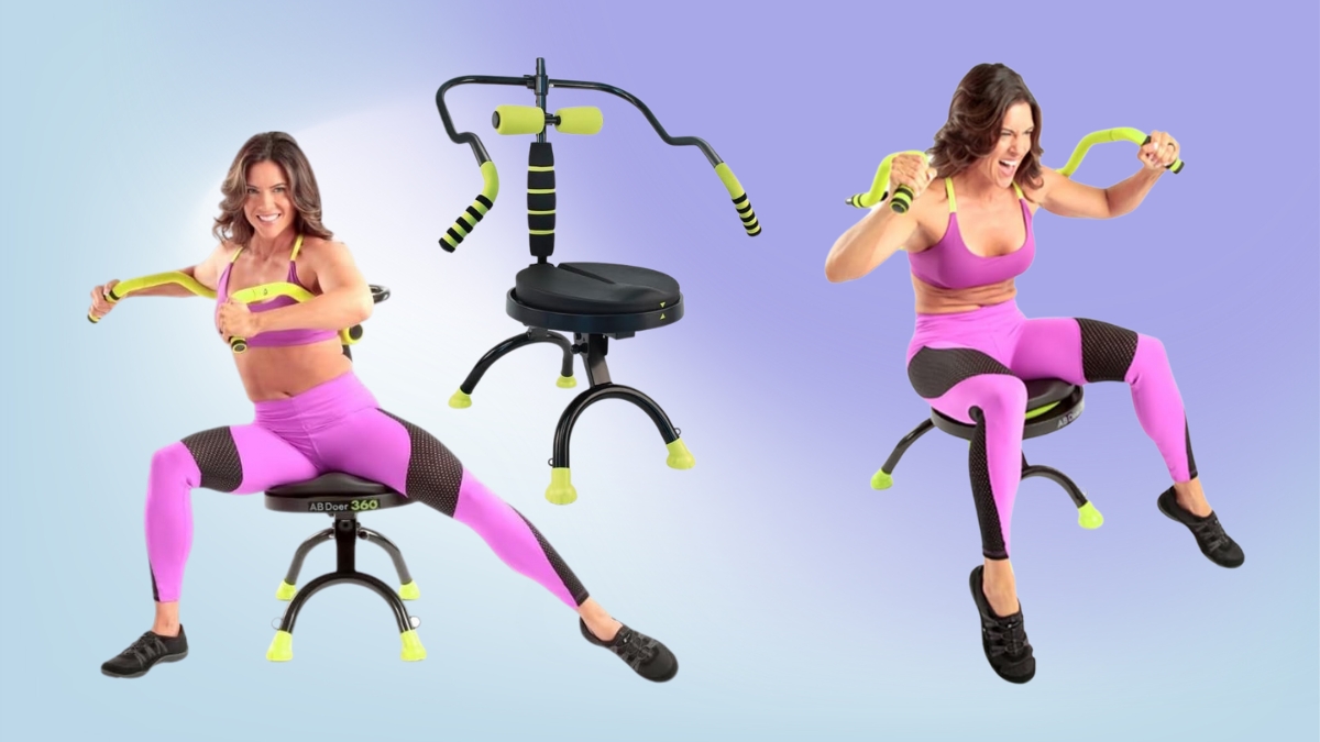 A woman demonstrates exercises on the AB Doer 360 Abdominal Exercise Machine, showing its seated core workout features with resistance arms and a rotating seat.