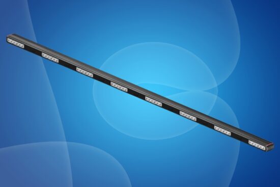 Long black Feniex Industries Fusion-S rocker panel lightstick with bright LED modules on a blue background.