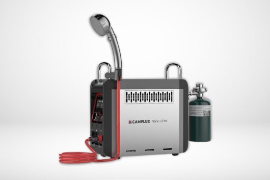 A Camplux Nano 3 Pro portable water heater with a shower head and propane tank, designed for outdoor use.