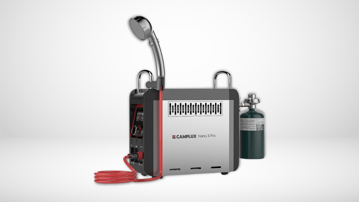 A Camplux Nano 3 Pro portable water heater with a shower head and propane tank, designed for outdoor use.