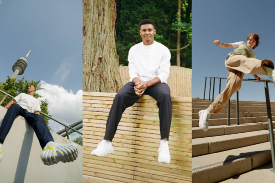 A collage of three images featuring individuals in modern, sporty outfits showcasing unique white Crocs with bold, chunky soles.