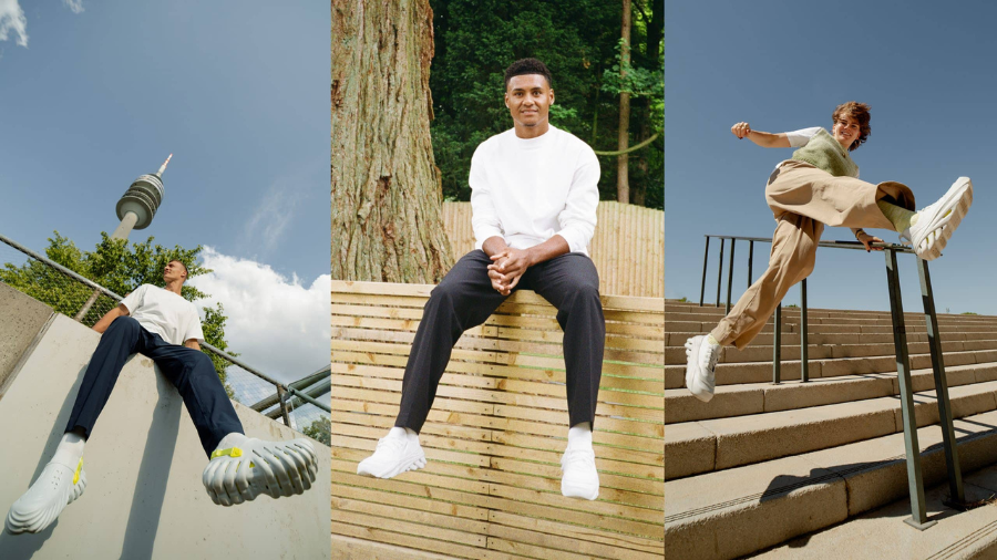 A collage of three images featuring individuals in modern, sporty outfits showcasing unique white Crocs with bold, chunky soles.