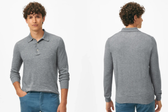 Front and back view of gray long-sleeve polo shirt