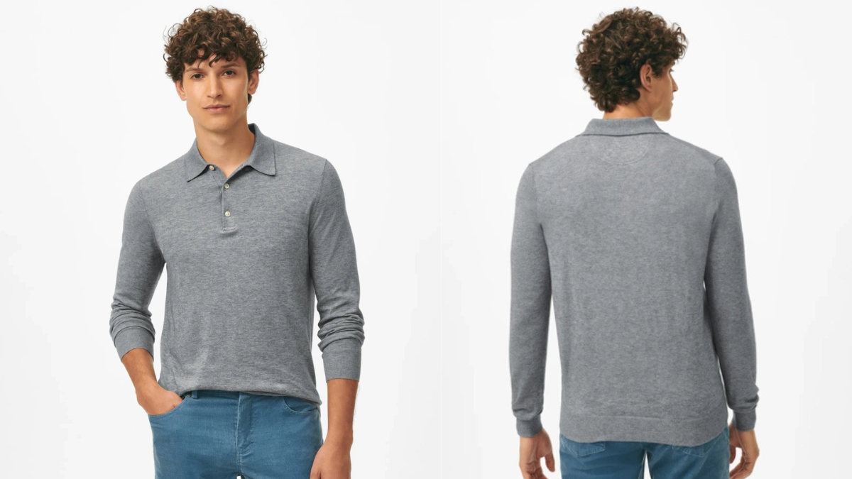 Front and back view of gray long-sleeve polo shirt