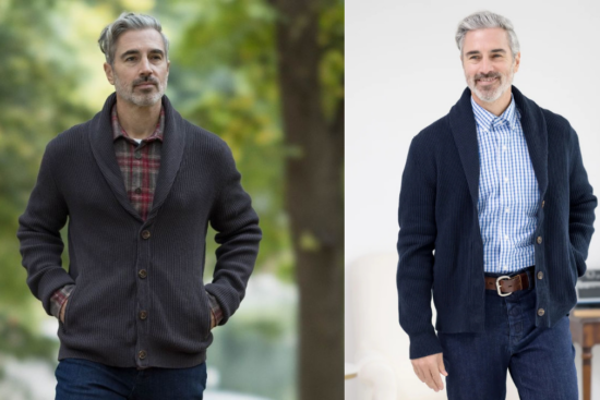 Man in shawl-collar cardigans, one casual, one dressy