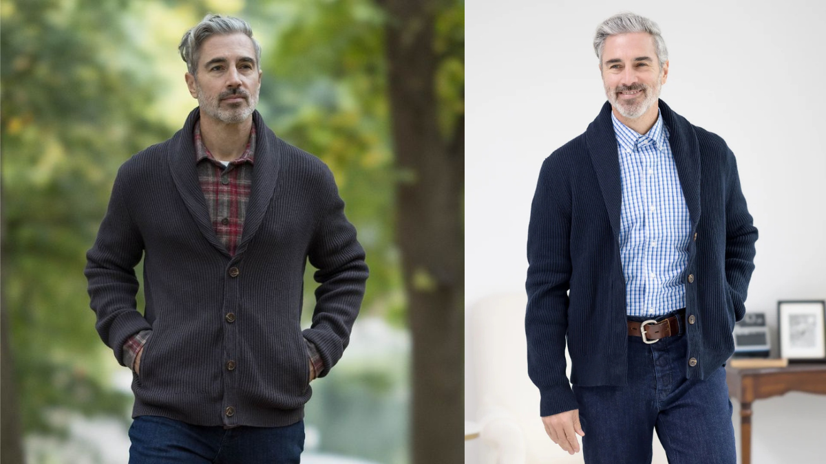 Man in shawl-collar cardigans, one casual, one dressy