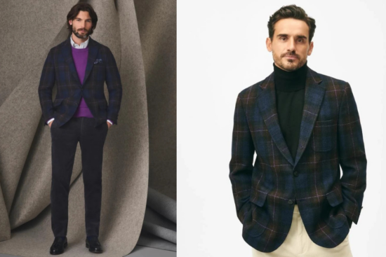 Men wearing dark plaid blazers with layered outfits