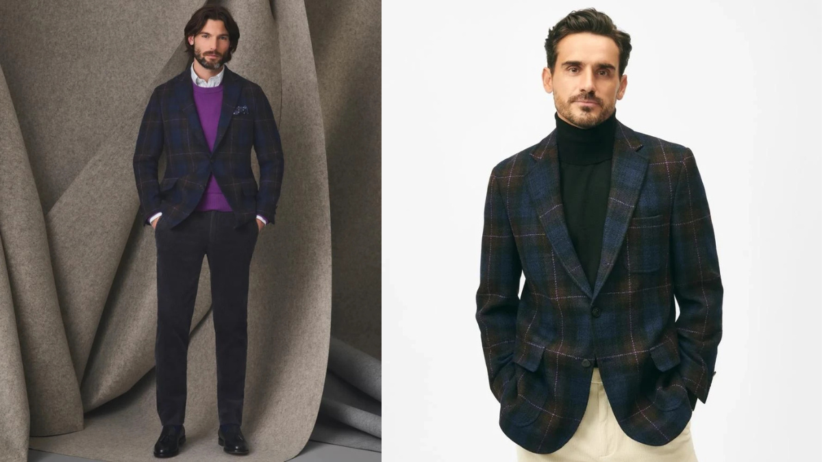Men wearing dark plaid blazers with layered outfits