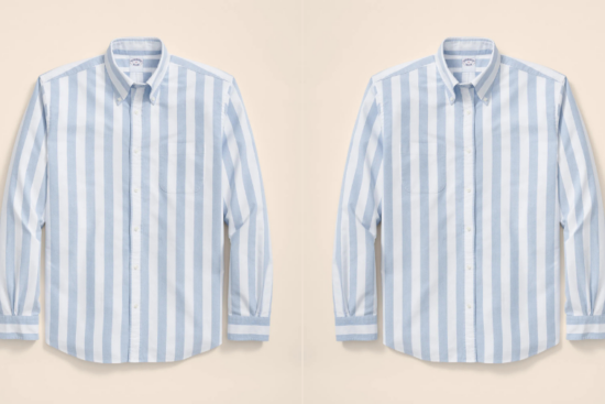 Two light blue wide-striped button-down shirts side by side.