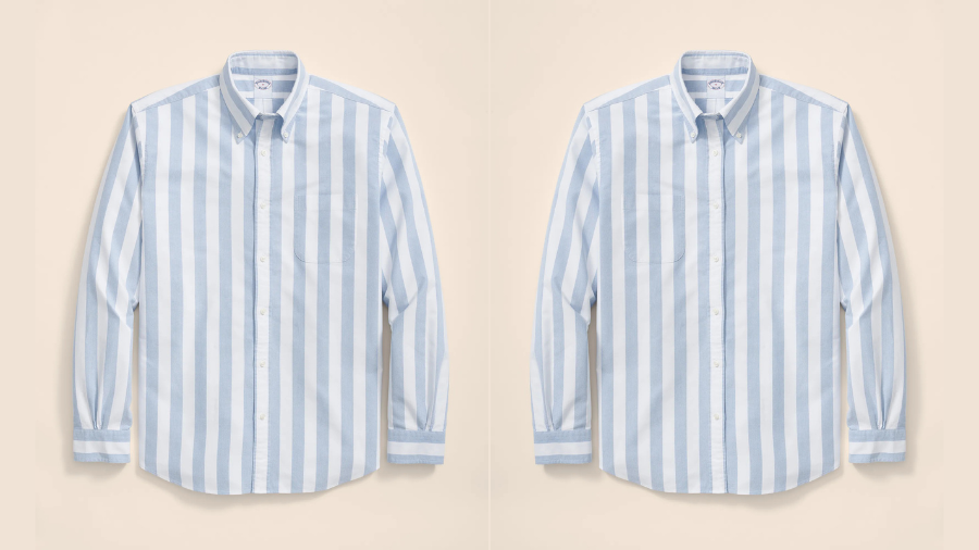 Two light blue wide-striped button-down shirts side by side.