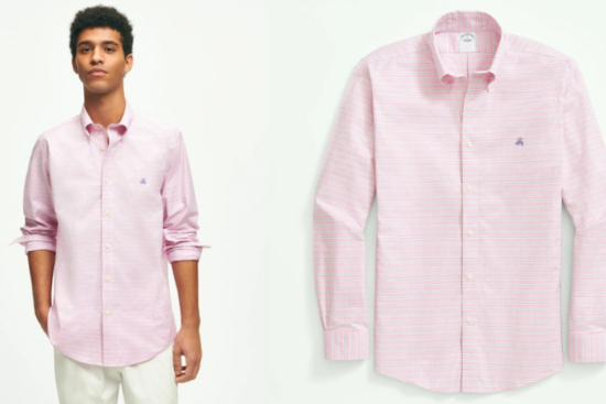 Pink button-down dress shirt worn by a model and displayed flat.