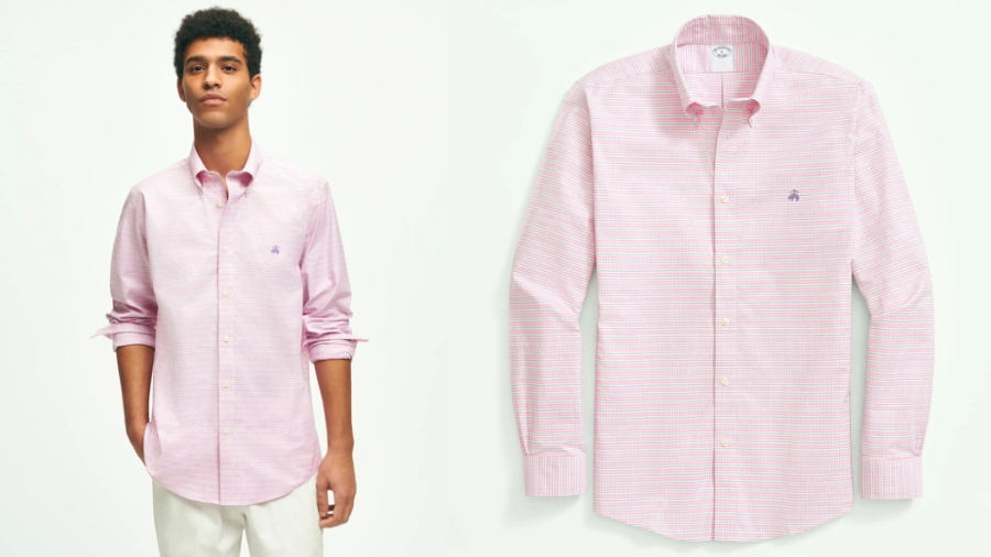 Pink button-down dress shirt worn by a model and displayed flat.