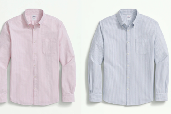 Pink and light blue pinstriped button-down shirts laid flat.