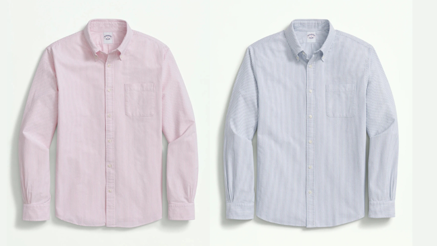 Pink and light blue pinstriped button-down shirts laid flat.