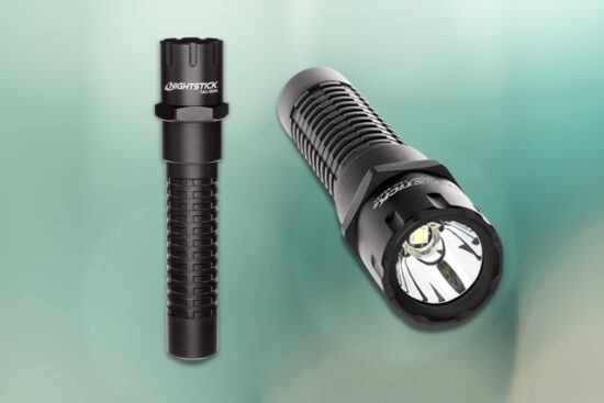 Nightstick TAC-560XL Tactical Flashlight shown from the front and side, featuring a textured grip and bright LED light.