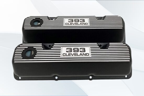 Black aluminum valve covers for a 393 Cleveland engine with silver fins and engraved lettering.