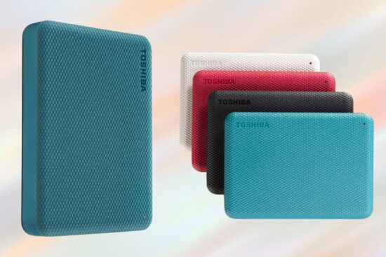 Toshiba Canvio external hard drives in teal, black, red, and white with a textured surface, shown against a soft gradient background.
