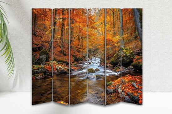 Canvas room divider with colorful autumn forest and river print design.