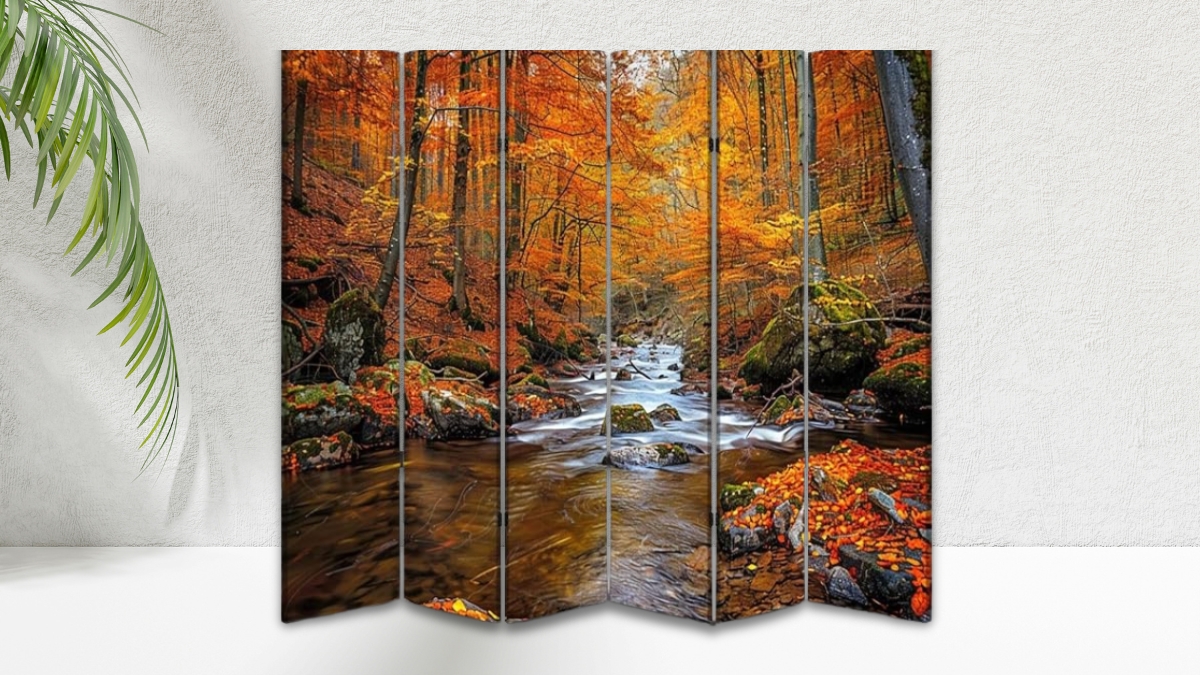 Canvas room divider with colorful autumn forest and river print design.