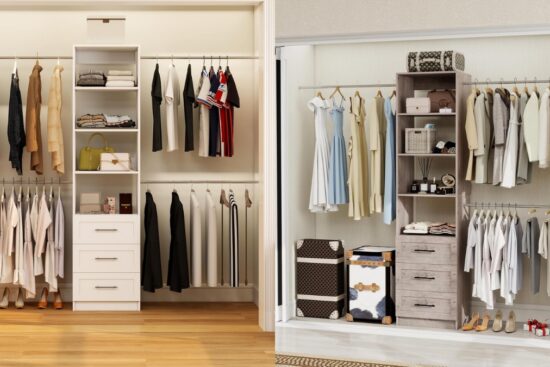Two modern closet organizers with drawers, shelves, and hanging rods neatly holding clothes and accessories in white and gray finishes.